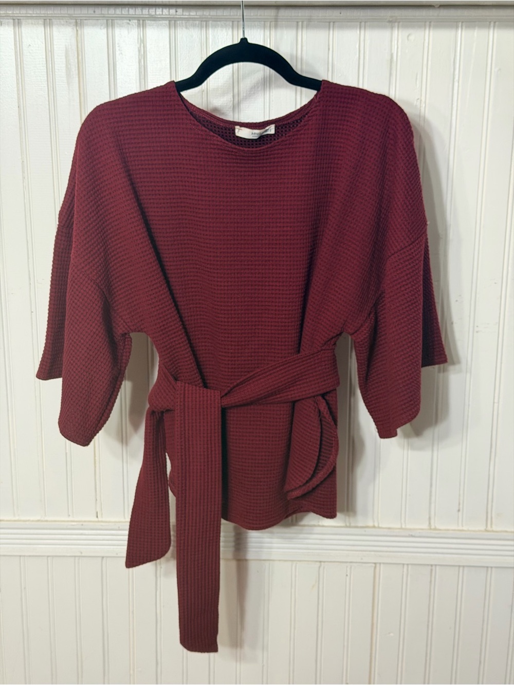 Mango Burgundy Waffle-Knit Belted Sweatshirt